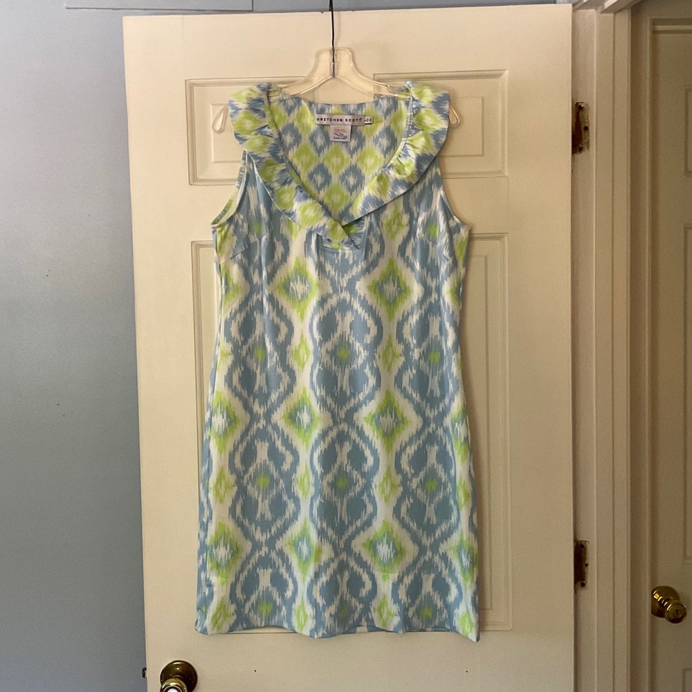 Gretchen Scott Green Blue Ikat Ruffle Neck Sleeveless Shift Dress Large preppy